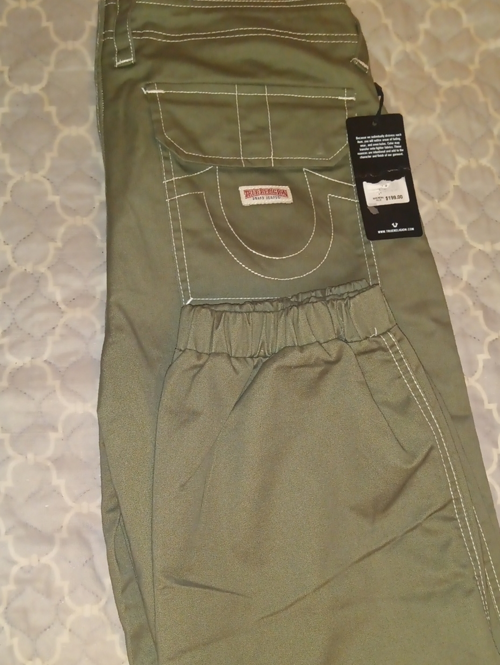 True Religion Olive Green Cargo Pants with Contrast Stitching